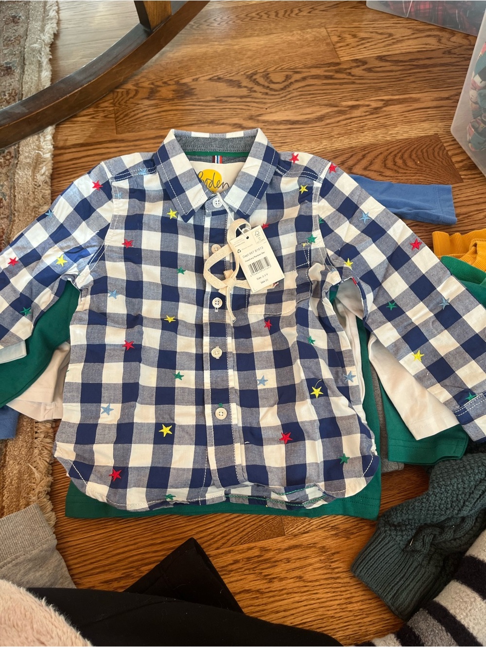 Boden NWT Children's Blue Gingham Shirt with Multicolor Stars 2-3Y new tags